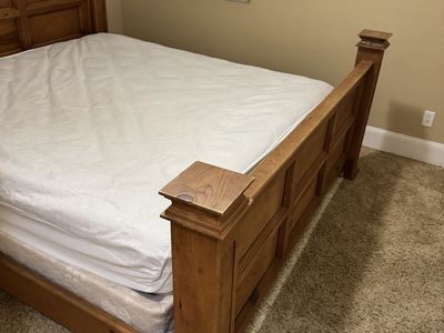 King Size Bed Frame, Mattress & Box Spring, Solid Wood & Cast Iron w/ Matching Nightstand