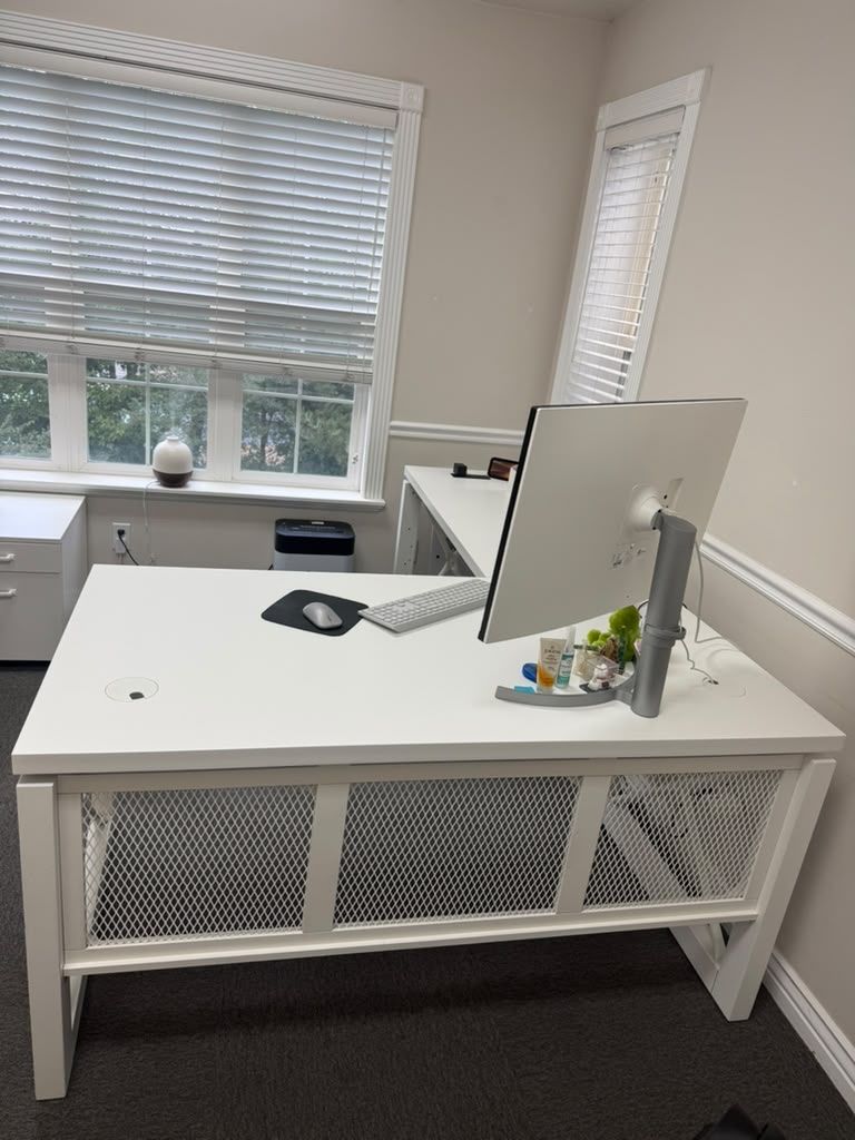 White Modern L-Shaped Executive Office Desk with Mesh Panels and Cable Grommets