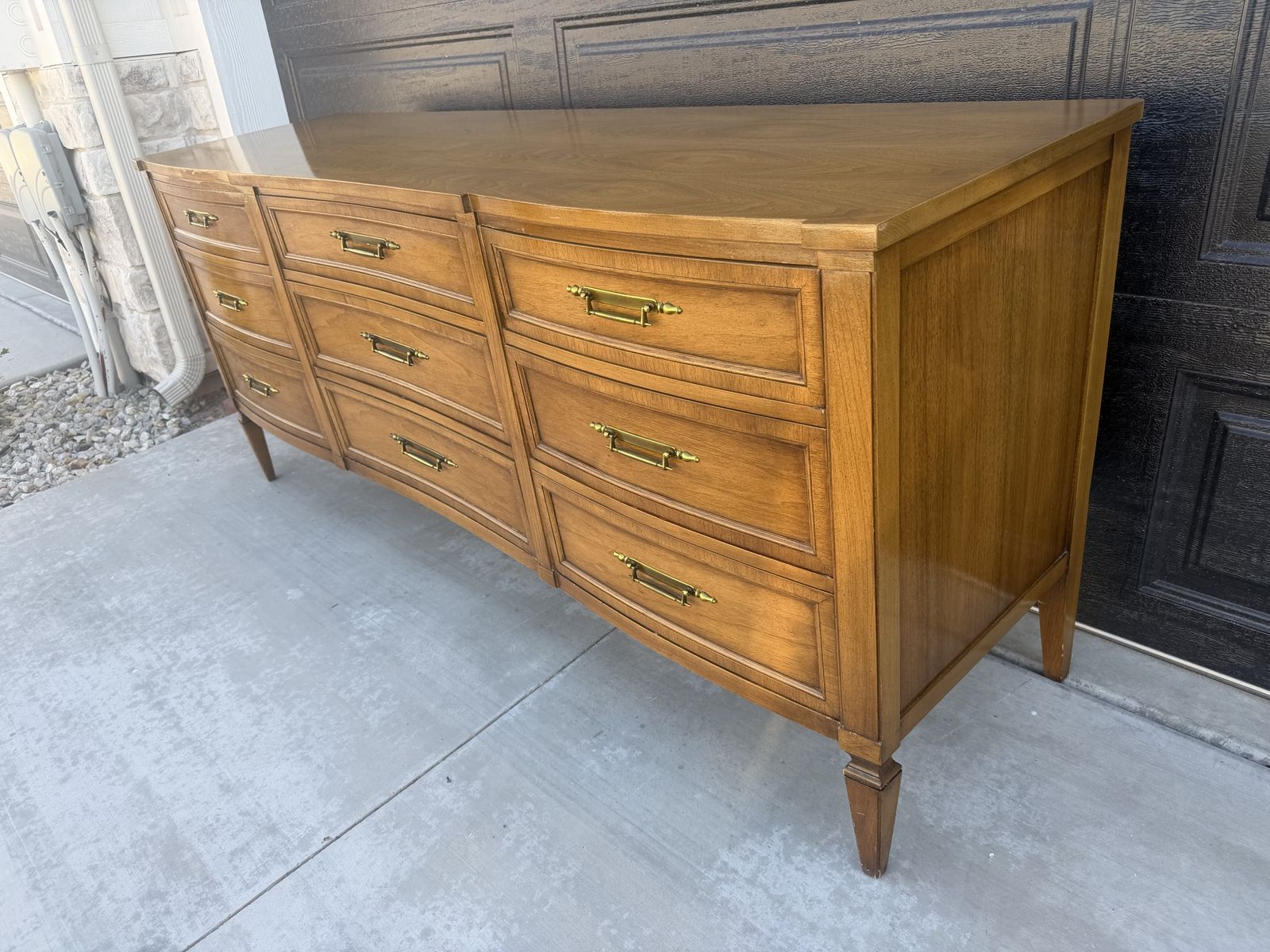 Gorgeous Vintage Mid-Century Modern Nine-Drawer Dresser Wood with Brass Pulls
