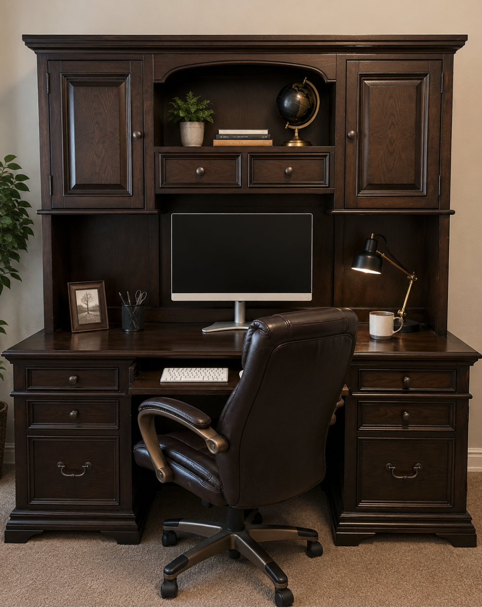 Executive Home Office Desk w/ Hutch & File Drawers – Solid Wood Style Computer Workstation