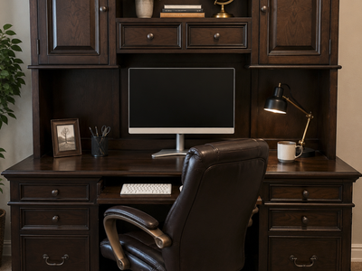 Executive Home Office Desk w/ Hutch & File Drawers – Solid Wood Style Computer Workstation