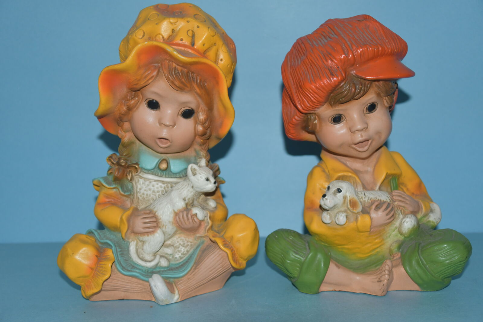 2 VINTAGE PATIO & GARDEN FIGURES ~ HEIGHT 10" ~ BOY & GIRL ~ CUTE & COLORFUL ~ NO CHIPS!