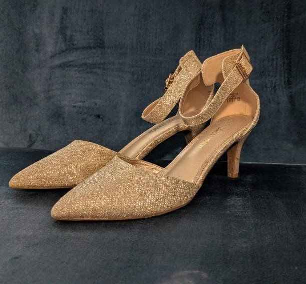 Sparkly Gold Ankle Strap Pointed Toe Pumps - Women's Size 9
