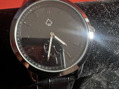 Black Minimalist Analog Watch with Black Leather Strap and Spade Logo