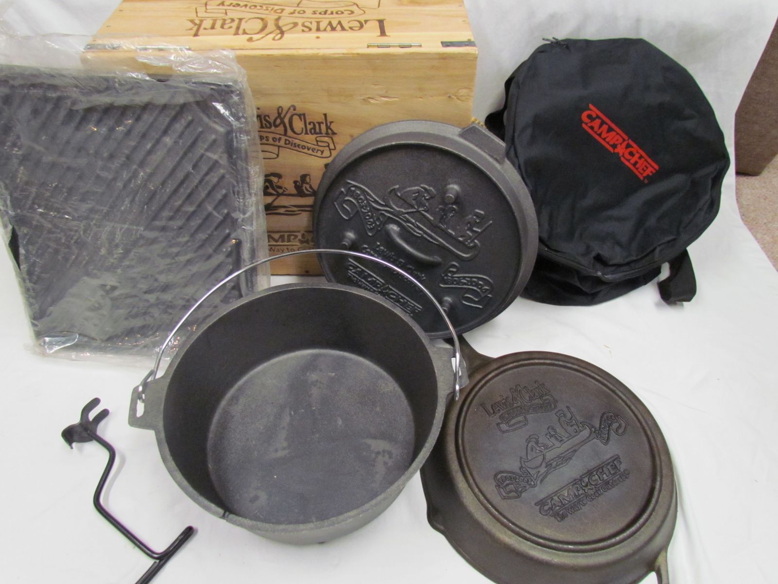 Limited edition Lewis and Clark collection by Camp Chef Dutch Oven & cover, Skillet, Griddle, Wooden box, Lifter