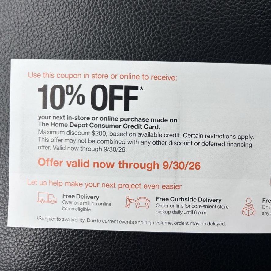 Home Depot 10% off coupon (up to $200 discount)