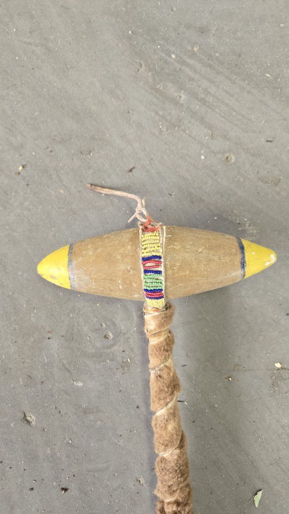 Vintage Handcrafted Wooden Ceremonial Club with Beaded Detailing and Wrapped Handle