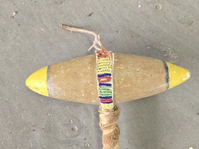 Vintage Handcrafted Wooden Ceremonial Club with Beaded Detailing and Wrapped Handle