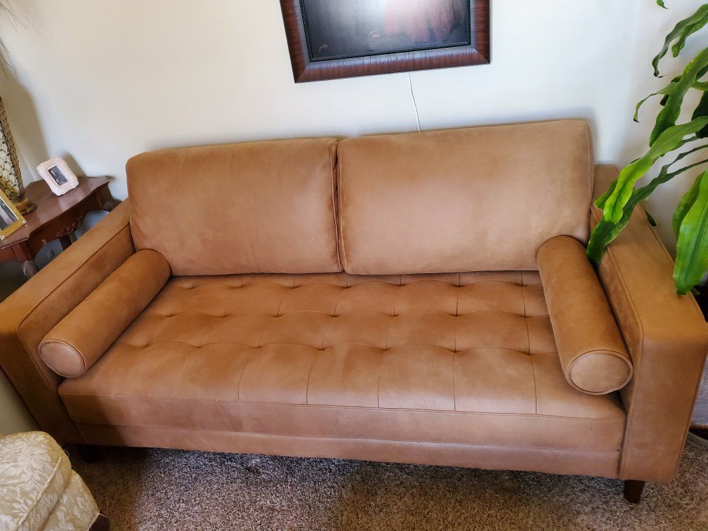 Tan Faux Leather Tufted Sofa w/ Bolster Pillows