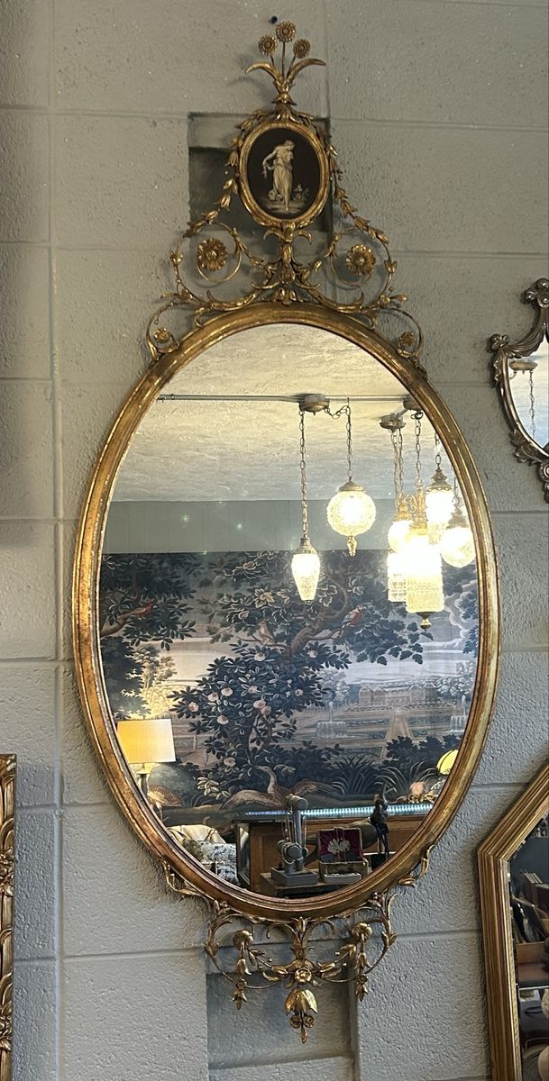 ANTIQUE Adam’s Style Oval Mirror ORNATE Hand-Painted NEOCLASSICAL Giltwood