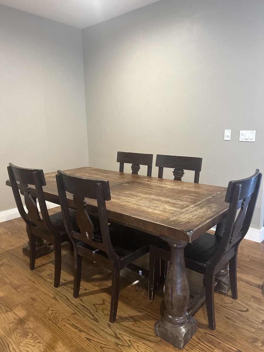Rustic Traditional Farmhouse - World Market Dark Wood Dining Table with 5 Chairs & Center Leaf