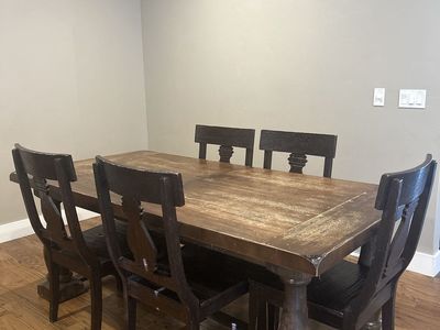 Rustic Traditional Farmhouse - World Market Dark Wood Dining Table with 5 Chairs & Center Leaf