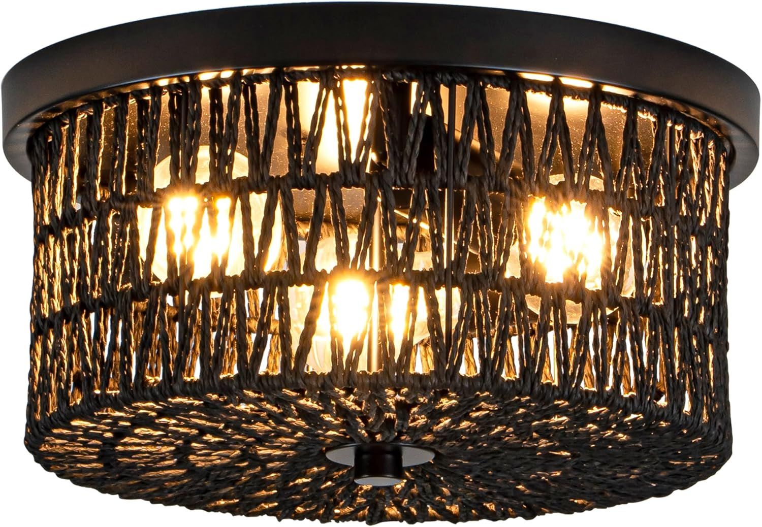 12" 3 Light Boho Black Rattan Flush Mount Ceiling Light