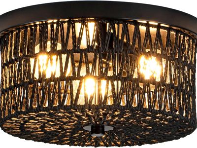 12" 3 Light Boho Black Rattan Flush Mount Ceiling Light