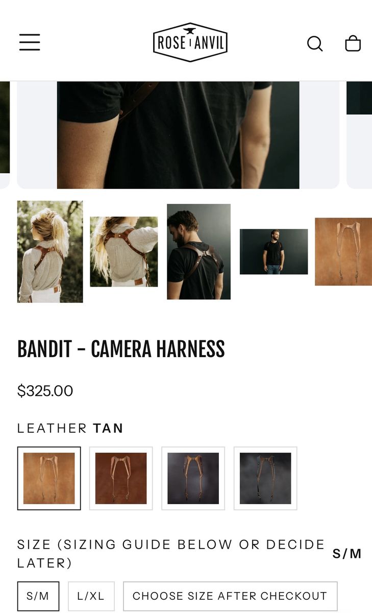 Rose Anvil Bandit Leather Camera Harness S/M - Leather Tan - Dual Camera Strap System