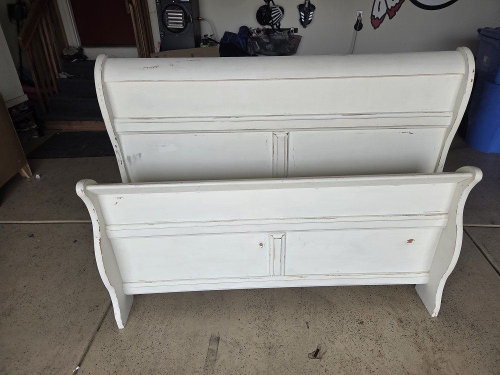Distressed White Sleigh Bed Headboard and Footboard - Queen Size
