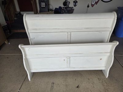 Distressed White Sleigh Bed Headboard and Footboard - Queen Size