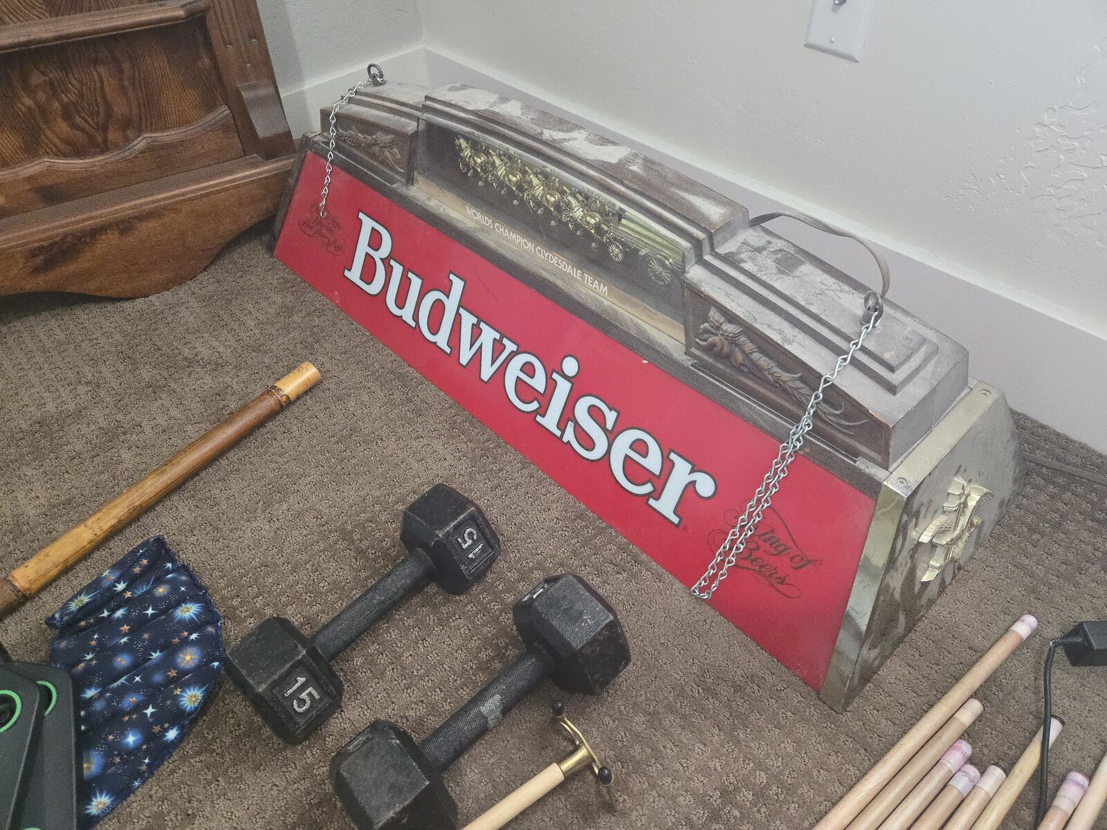Budweiser Light, 6 Pool Cues, and a Wood Pool Cue holder!