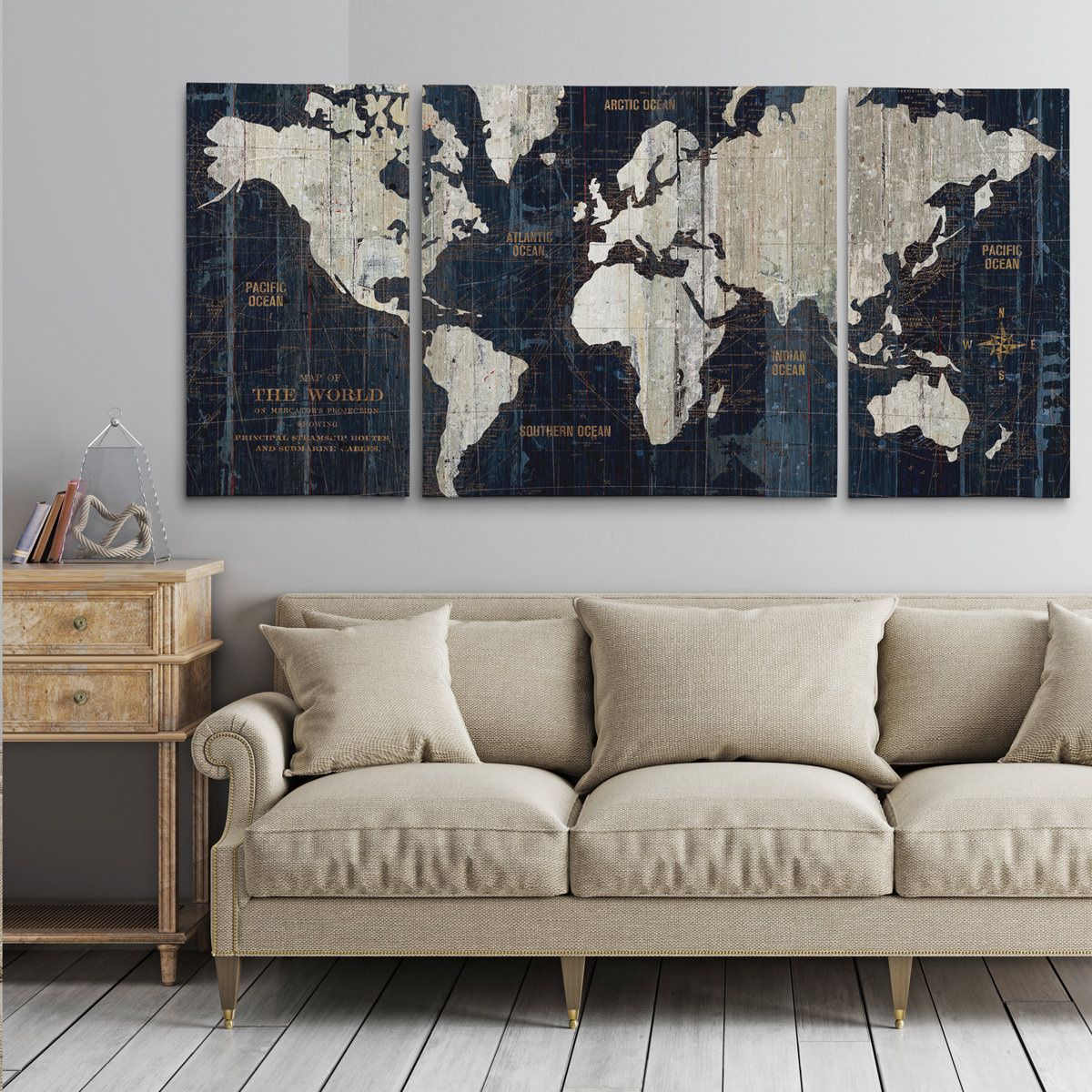 New- The World Map Blue Triptych Canvas Wall Art Set - 3 Pieces, 16"x32" Each, Nautical Decor