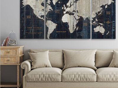 New- The World Map Blue Triptych Canvas Wall Art Set - 3 Pieces, 16"x32" Each, Nautical Decor