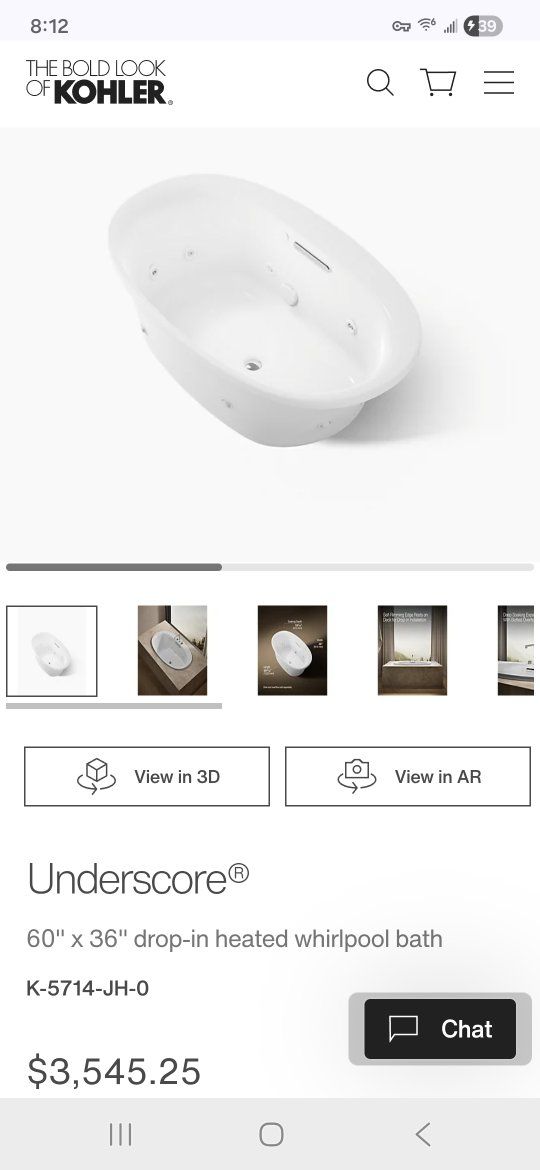 Kohler Underscore 60" x 36" Drop-In Heated Whirlpool Bath Tub