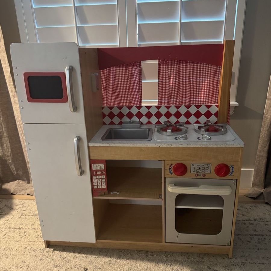 KidKraft Wooden Play Kitchen w/ Refrigerator, Sink, & Oven - Red & White Checkered Curtains