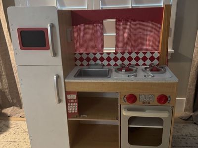 KidKraft Wooden Play Kitchen w/ Refrigerator, Sink, & Oven - Red & White Checkered Curtains