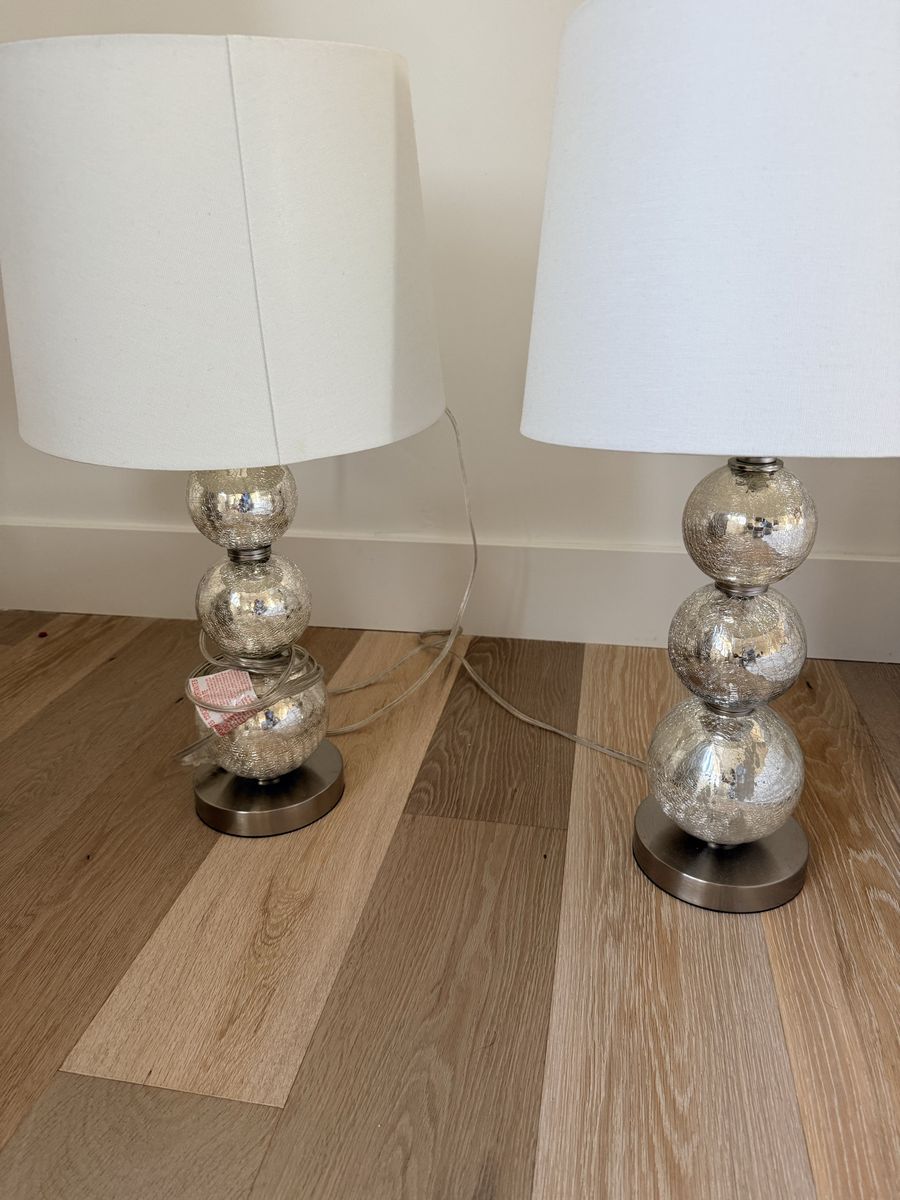 Pair of Mercury Glass Sphere Table Lamps with White Shades - Elegant & Modern Decor