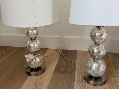 Pair of Mercury Glass Sphere Table Lamps with White Shades - Elegant & Modern Decor