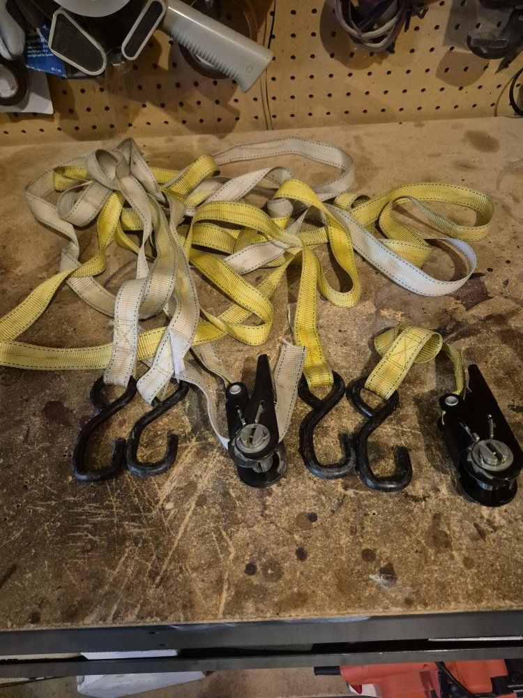 Heavy-Duty Ratchet Tie-Down Straps with S-Hooks (Yellow, Used)