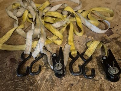 Heavy-Duty Ratchet Tie-Down Straps with S-Hooks (Yellow, Used)