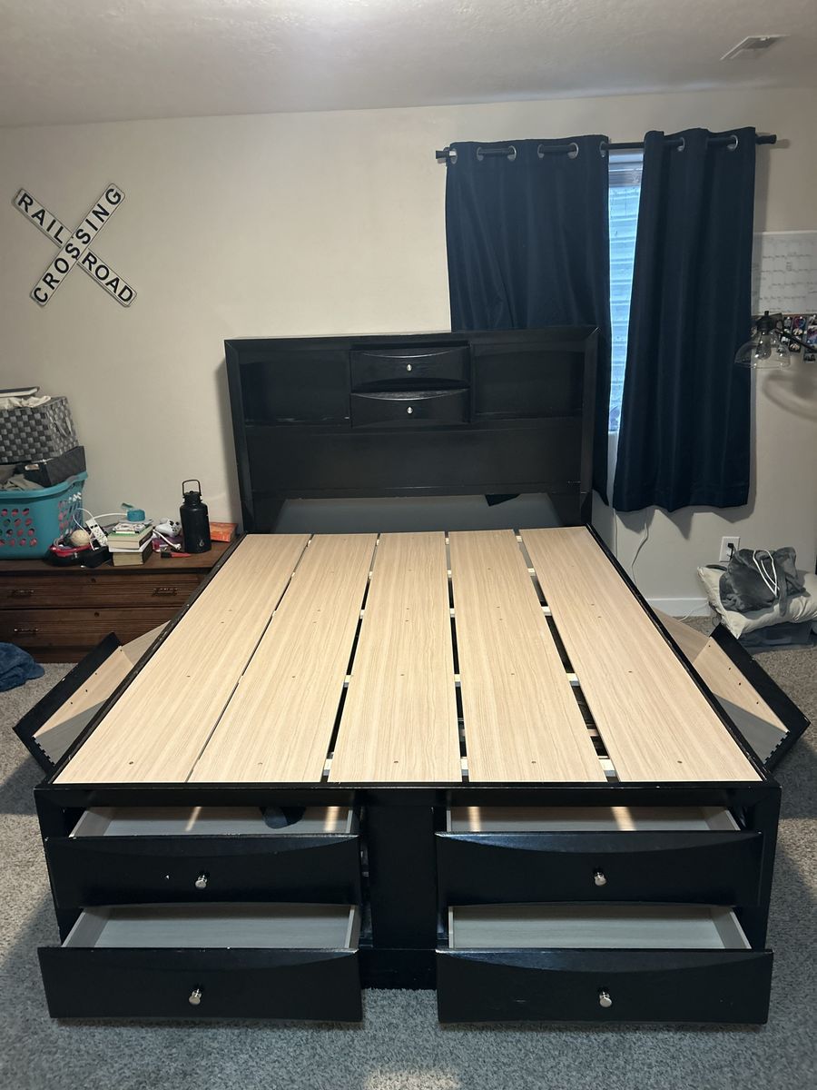Black Queen Storage Bed Frame with Headboard & Drawers - Used