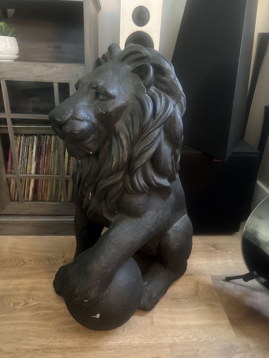 Indoor or Outdoor late 20th Century Cast stone Lions with paw resting on ball!