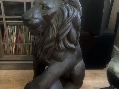 Indoor or Outdoor late 20th Century Cast stone Lions with paw resting on ball!