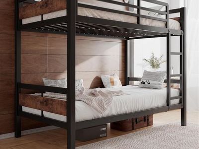 Einhomn Twin Over Twin Bunk Bed - Heavy Duty Metal, Rustic Brown, Ladder, Guardrail, New in Box