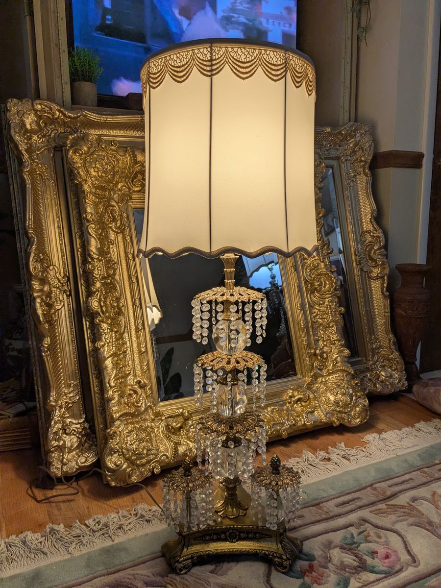 Loevsky & Loevsky Hollywood Regency Antique 40" Brass and Crystal Waterfall Table lamp