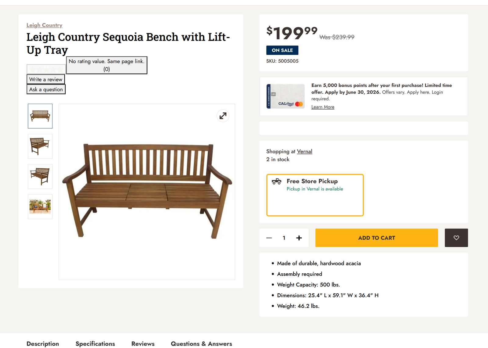 Bench Leigh Country Sequoia Bench with Lift-Up Tray