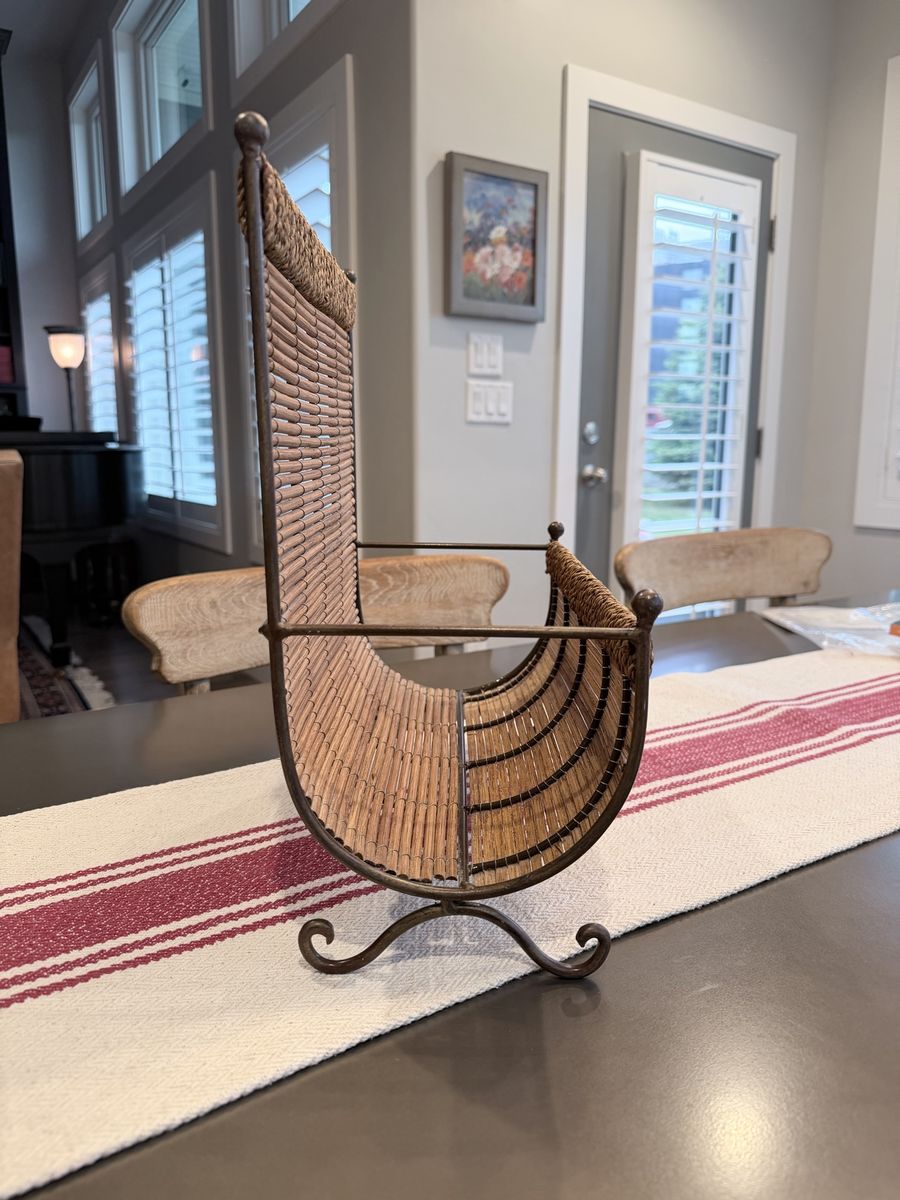 Woven Rattan & Metal Magazine Rack / Holder - Home Decor Organizer
