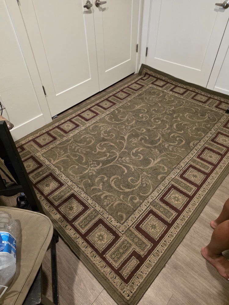Traditional Floral Area Rug with Geometric Border - Sage Green and Burgundy