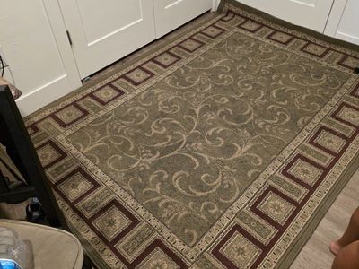 Traditional Floral Area Rug with Geometric Border - Sage Green and Burgundy
