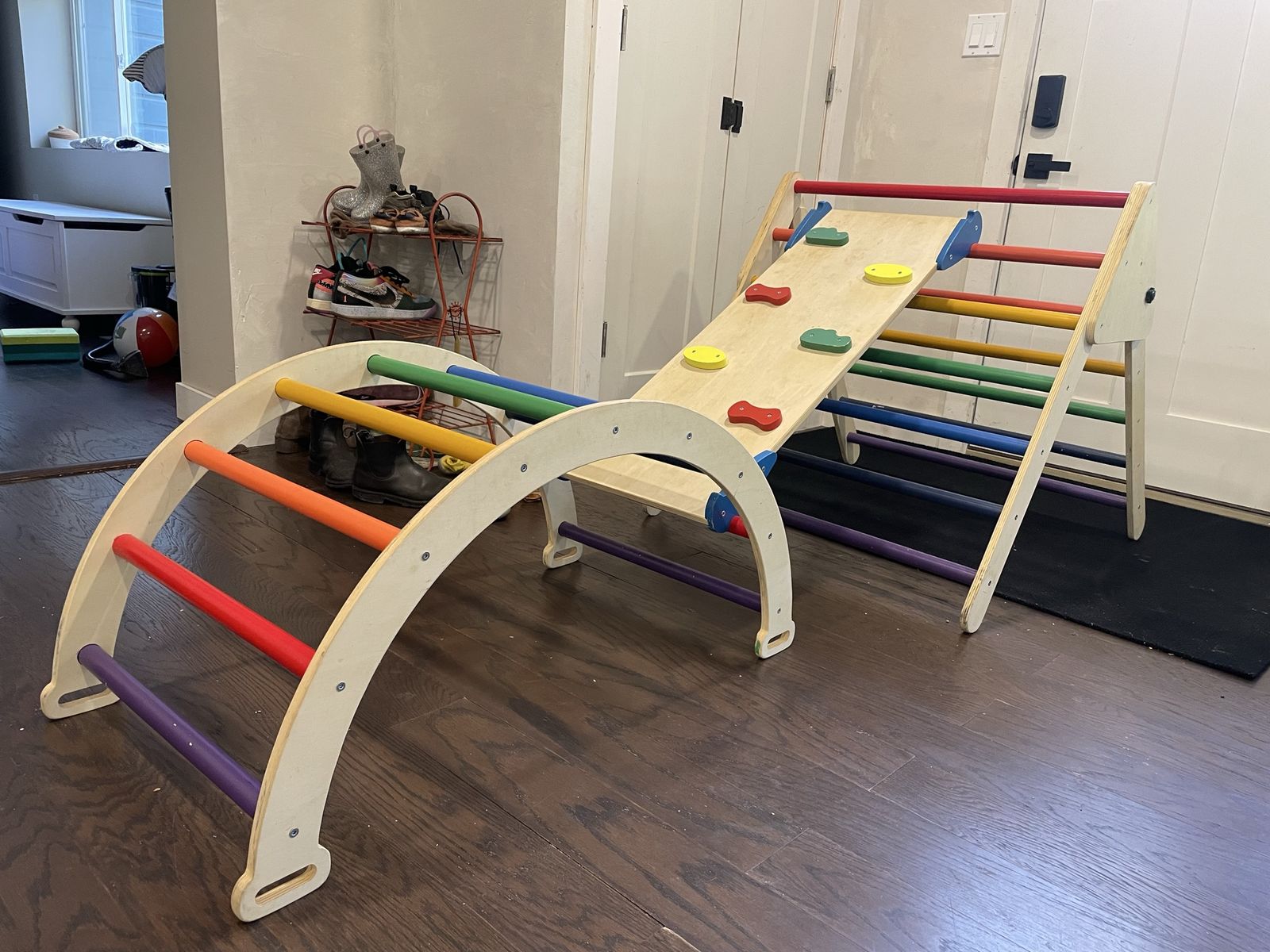 Kids Wooden Pikler Triangle, Climbing Arch, and Ramp Play Set