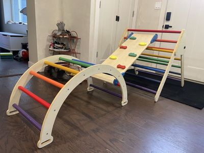 Kids Wooden Pikler Triangle, Climbing Arch, and Ramp Play Set