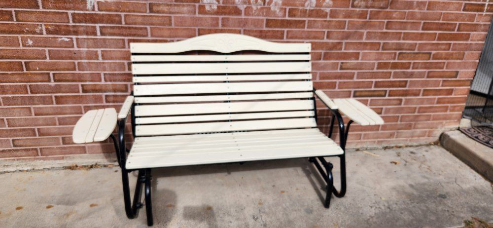 Outdoor Metal Glider Bench - White Slats, Black Frame - Patio Seating