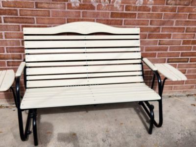 Outdoor Metal Glider Bench - White Slats, Black Frame - Patio Seating