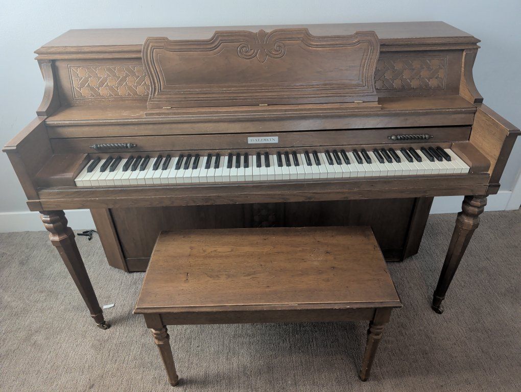 Vintage Baldwin Upright Acoustic Piano with Matching Wooden Bench