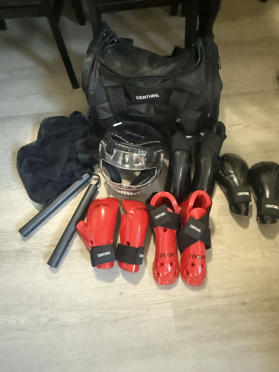 Century Martial Arts Sparring Gear Set - Helmet, Gloves, Shin Guards, Boots, Nunchaku & Bag