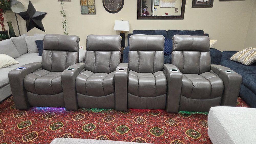 4-Piece Gray Leather home theater recliner