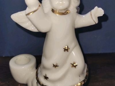 Angel Holding Dove White Gold Stars Candle Holder