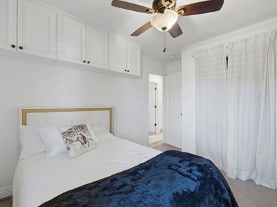 Full Size Bed Frame & Mattress - White Upholstered Headboard, Gold Trim - Like New! Never slept In.