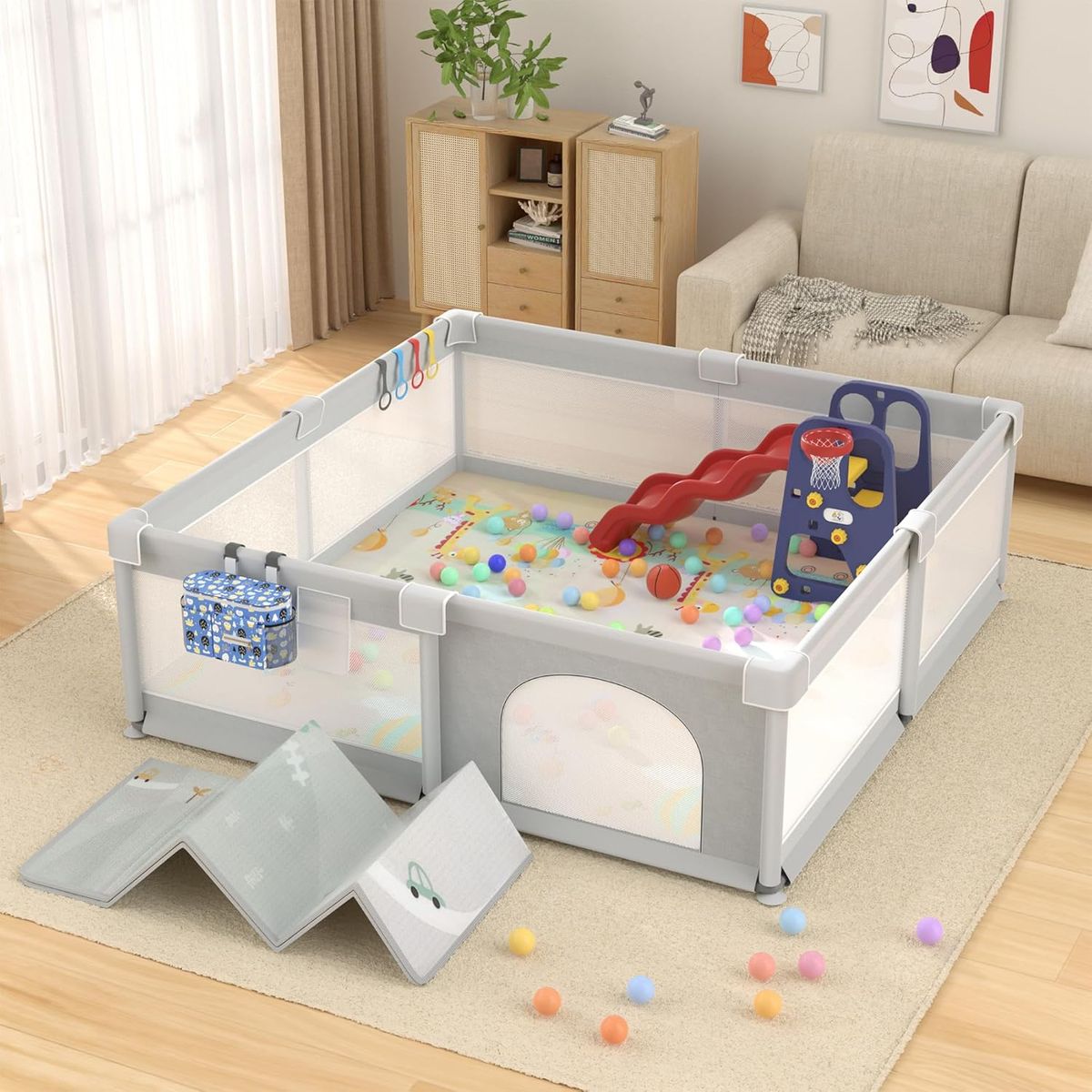 79" x 71" Extra Large Baby Gate Playpen w/ Upgrade Mat, Includes Ocean Balls, Pulling Rings